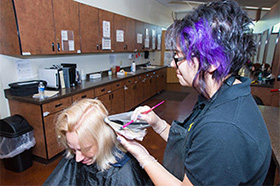 Female hair and nail clinic stylist putting hair color on a customer's hair